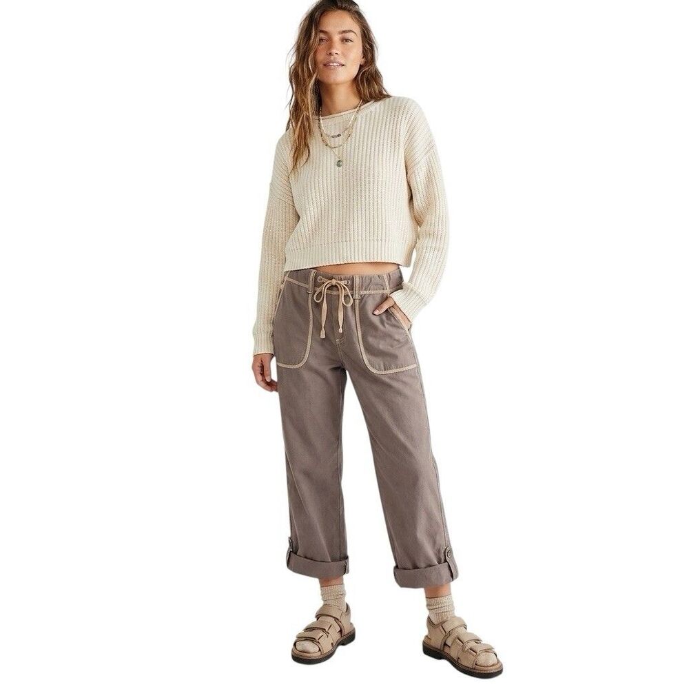 Eddie Bauer Roll Up Utility Cargo Pants Brown Contrast Stitch Y2K Gorpcore Sz 8 - Picture 2 of 16
